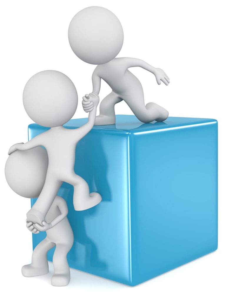Bonhommes s'entraidant pour monter sur un cube